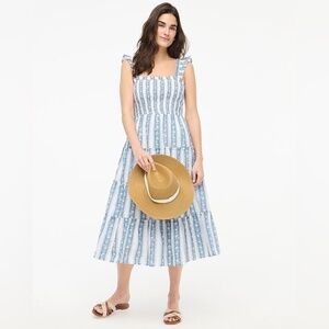 J Crew white and blue floral stripe tiered smocked sundress